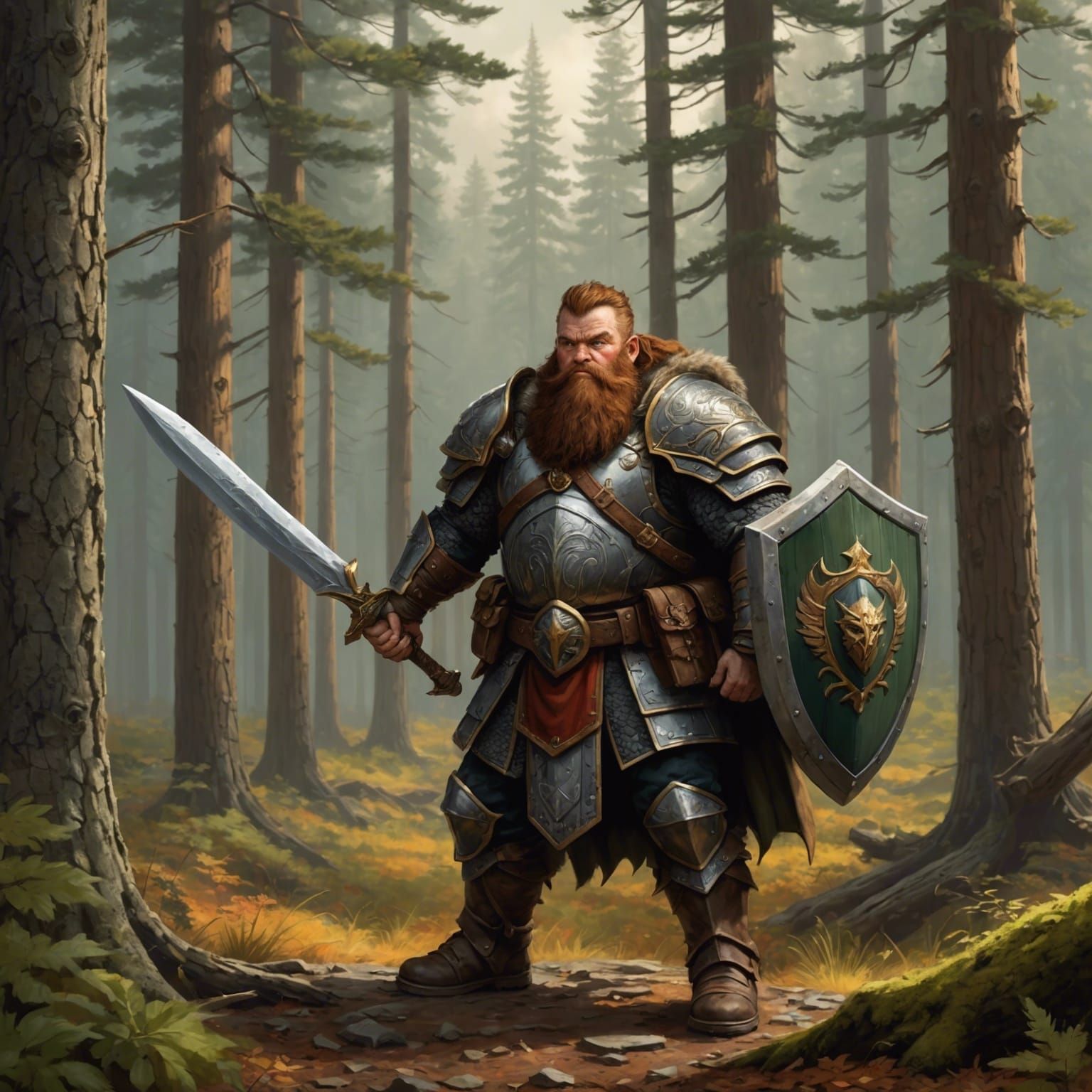 Dwarf Warrior in Autumn Forest Digital Painting