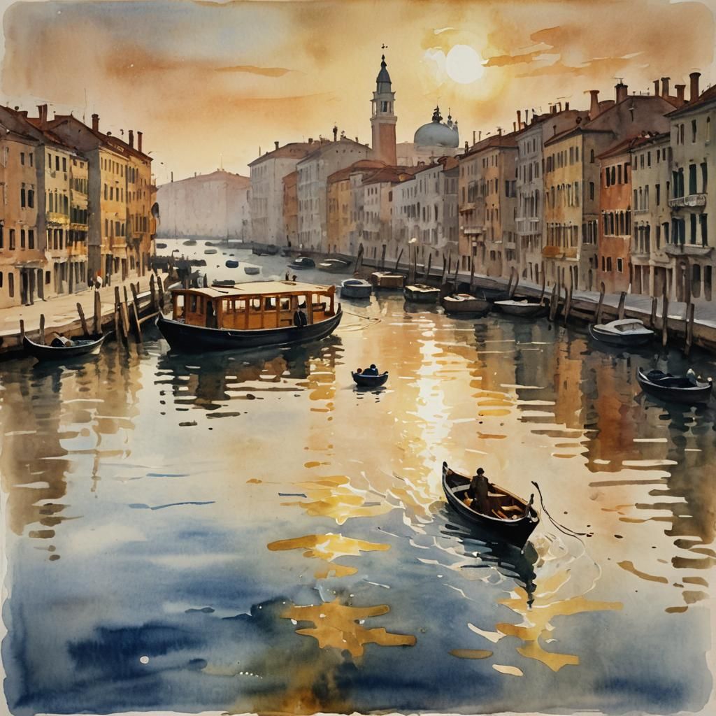 Venice Waterways: Impressionist Watercolor Sketch at Golden ...