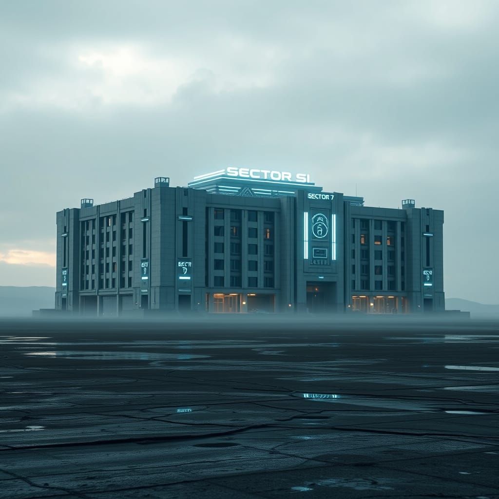 Futuristic Brutalist AI Academy in Overcast Landscape
