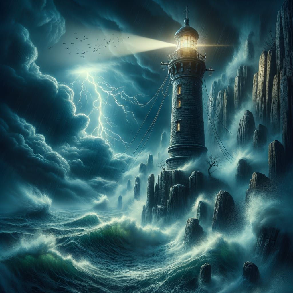 Lighthouse Beacon Against Stormy Gothic Seas