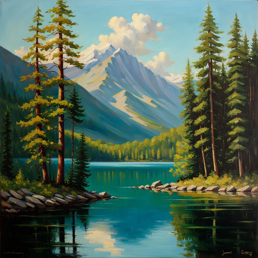 Idyllic Lake and Mountain View as Oil Painting