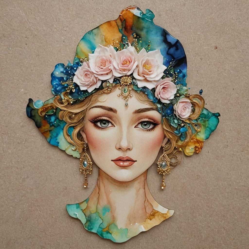 Alcohol Ink Goddess Portrait with Elegant Hat