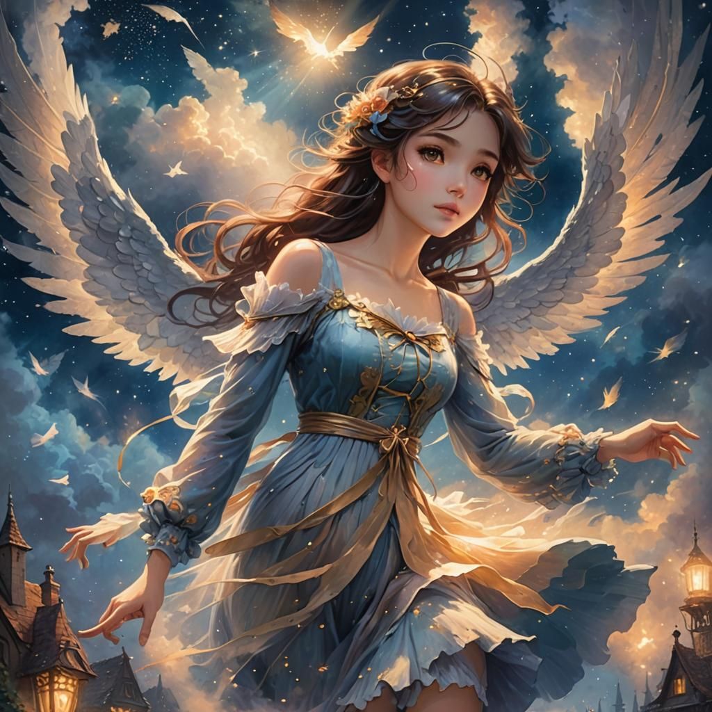 Anime Girl Flying in Ethereal Night Sky