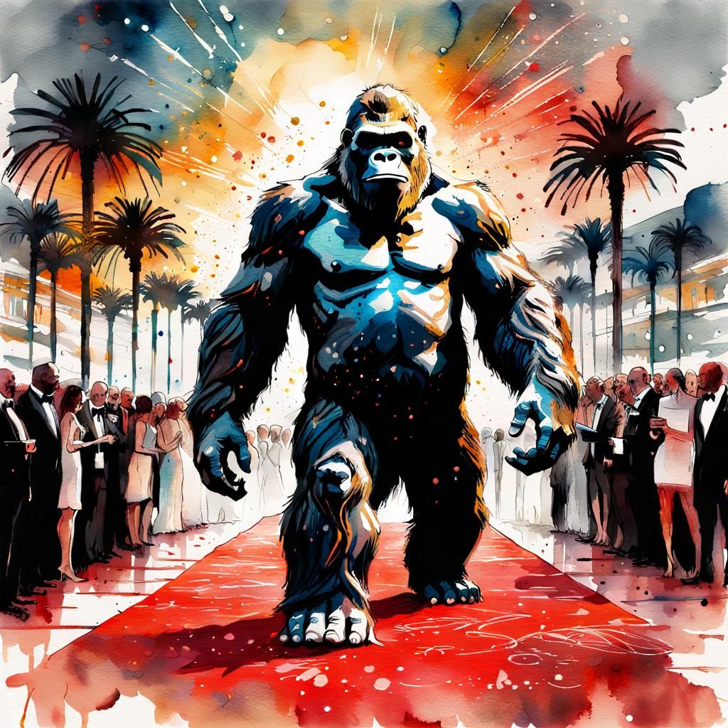 King Kong on Red Carpet in Watercolor Style