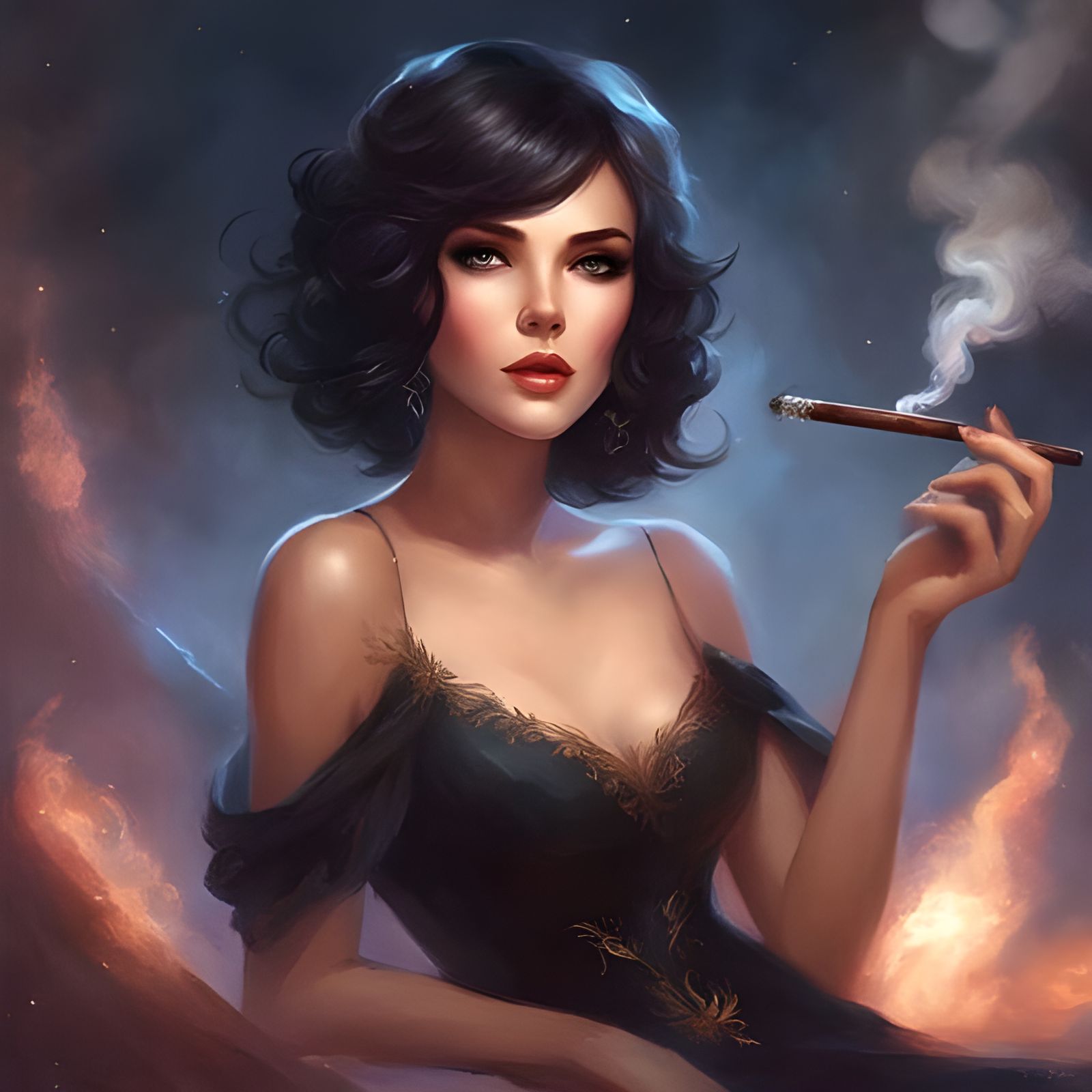 Ethereal Beauty: Woman in Lingerie Smoking Cigar