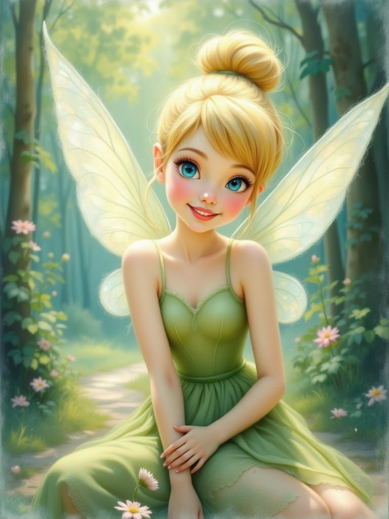 Tinkerbell in Whimsical Forest, Pastel Oil Style