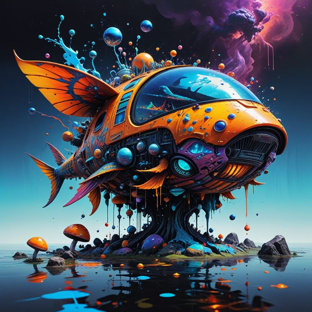 Surreal Alien Landscape with Flying Fish, Graffiti Art