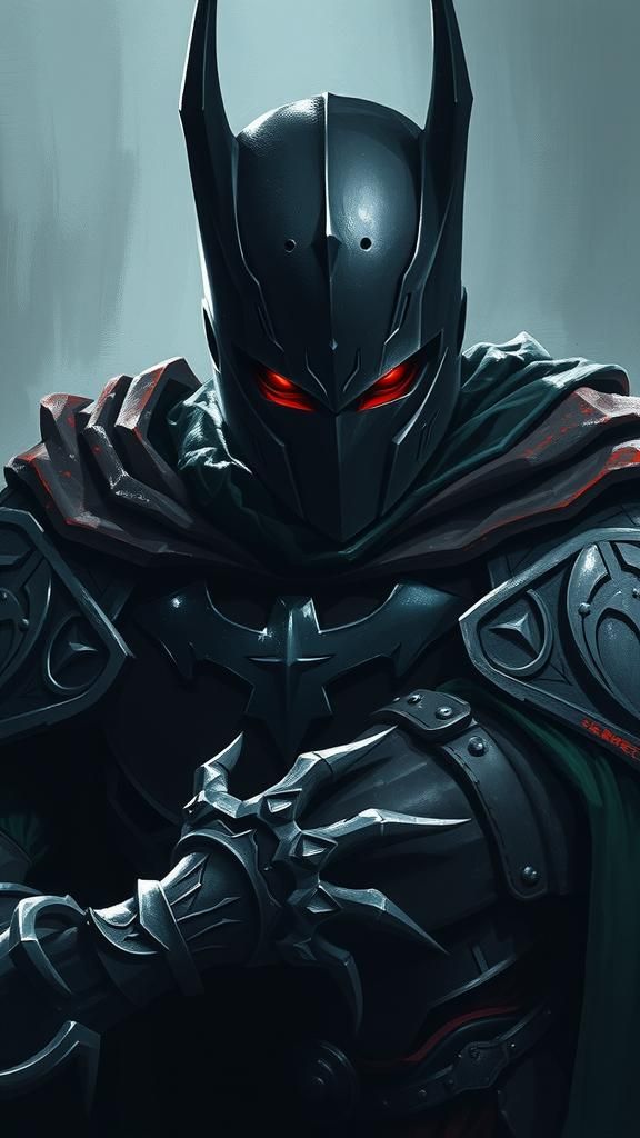 Eerie Dark Knight with Glowing Red Eyes as Impasto Painting