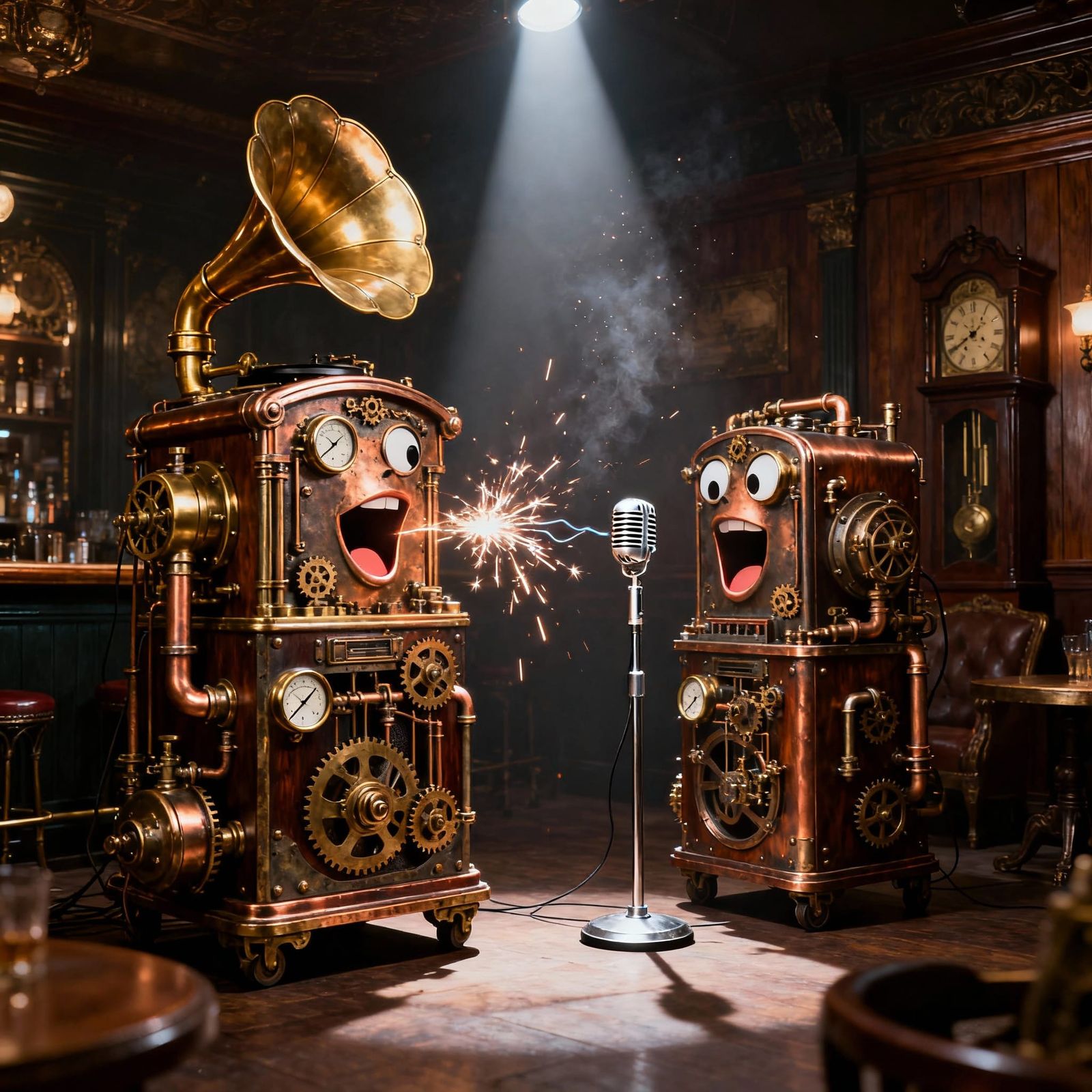 Steampunk Karaoke Machines Argue in Victorian Saloon