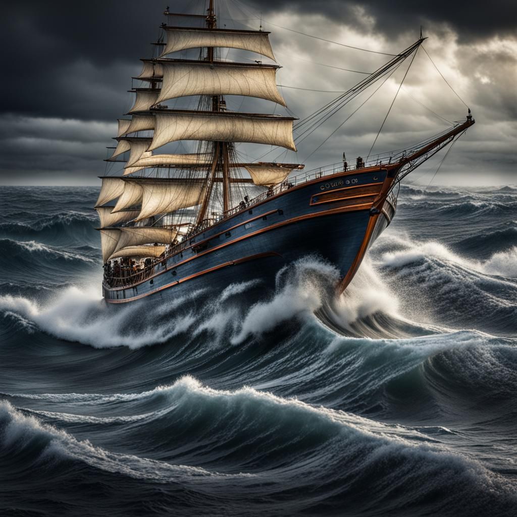 Small Sailing Ship on Stormy Open Sea in UHD