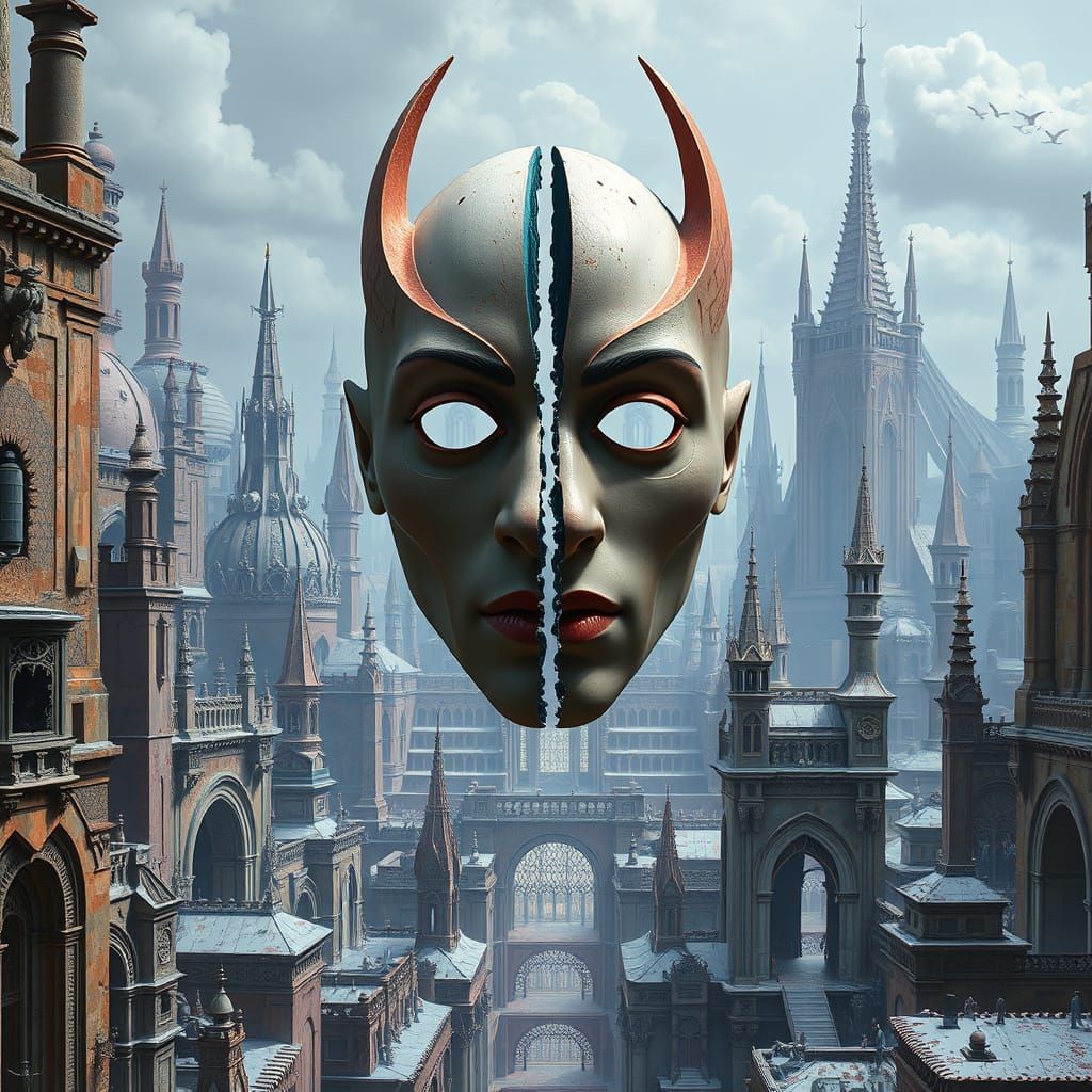 Fractured Mask in Surreal Dystopian Cityscape