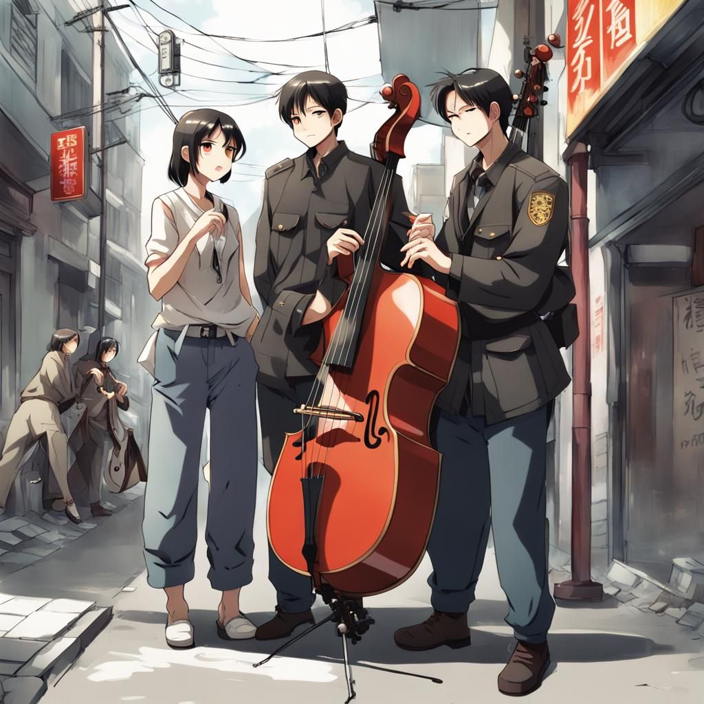 Chinese Men with Bass, Police Approaching in Anime Style