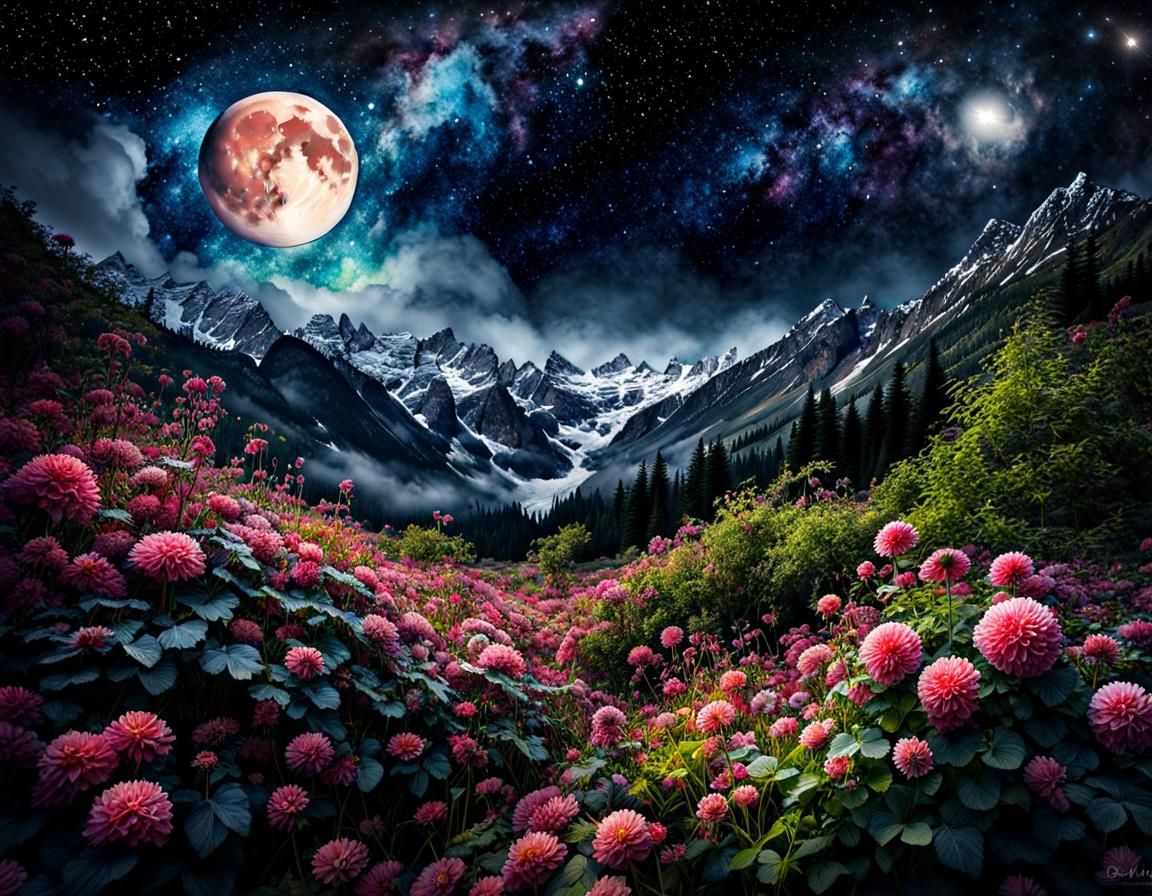 Watercolor Galaxy with Moon, Mountains and Flowers