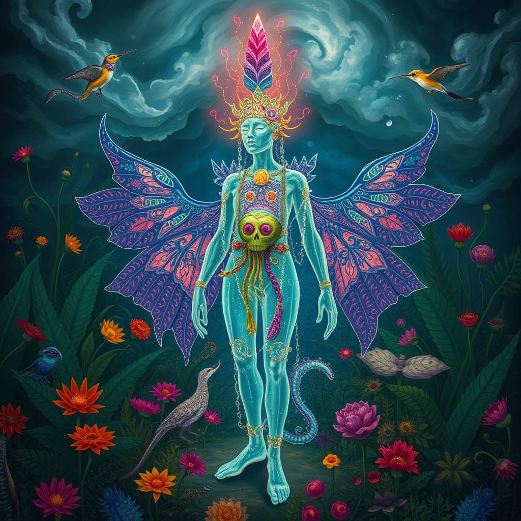 Ethereal Being Unfolds in Lush Botanical Garden