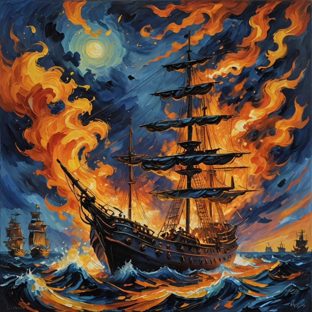 Ninja Attack on Pirate Ship: Neo-Impressionist Oil Painting
