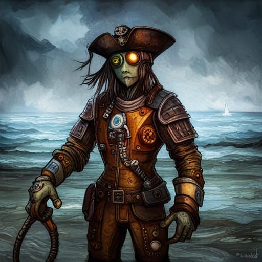 Steampunk Pirate Robot on the Sea