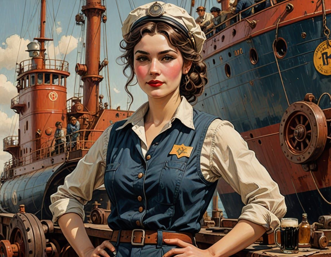 Pin-Up Style Ship Mechanic Woman, 1910s, Painterly Art