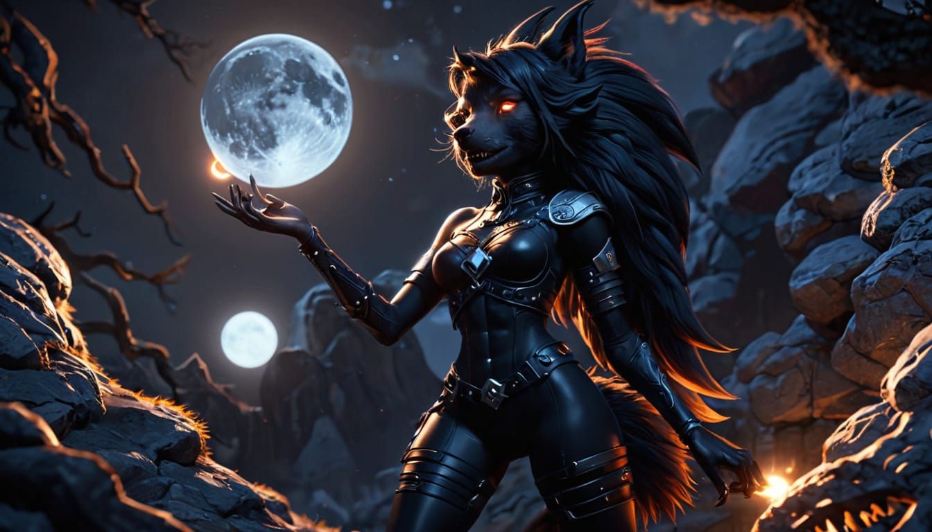 Hyper-Realistic Wolf Hellhound Goddess Basks in Moonlight