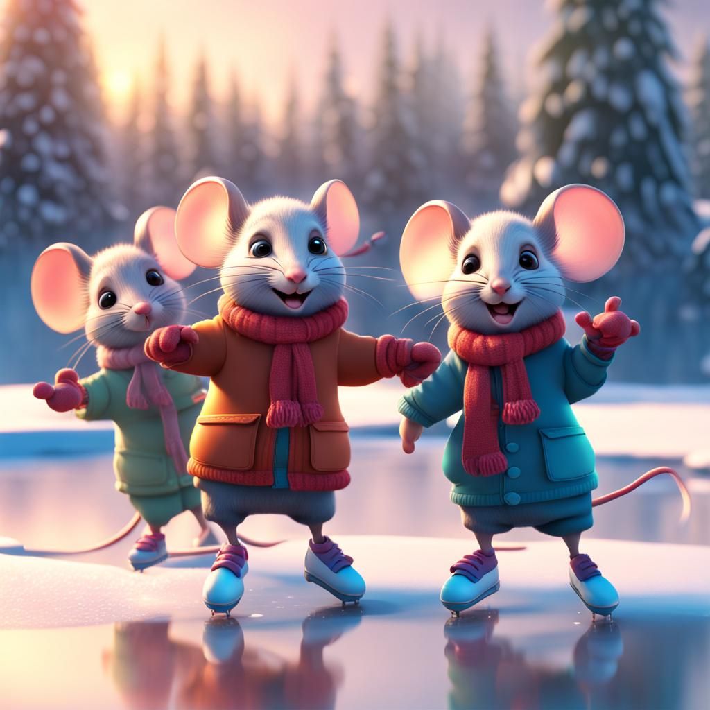Cute Mice Ice Skating Pond in 3D Digital Art