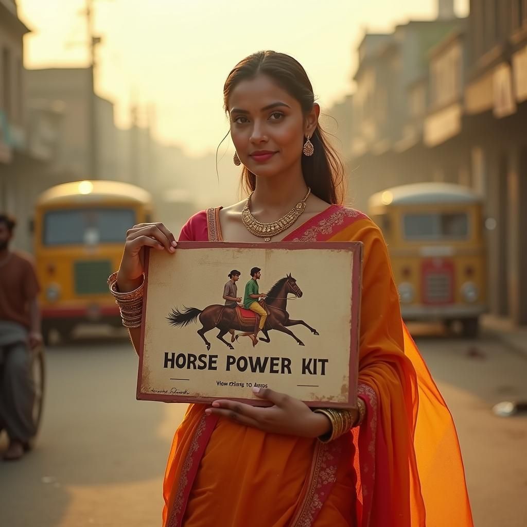 Indian Woman with Billboard in Cinematic Style