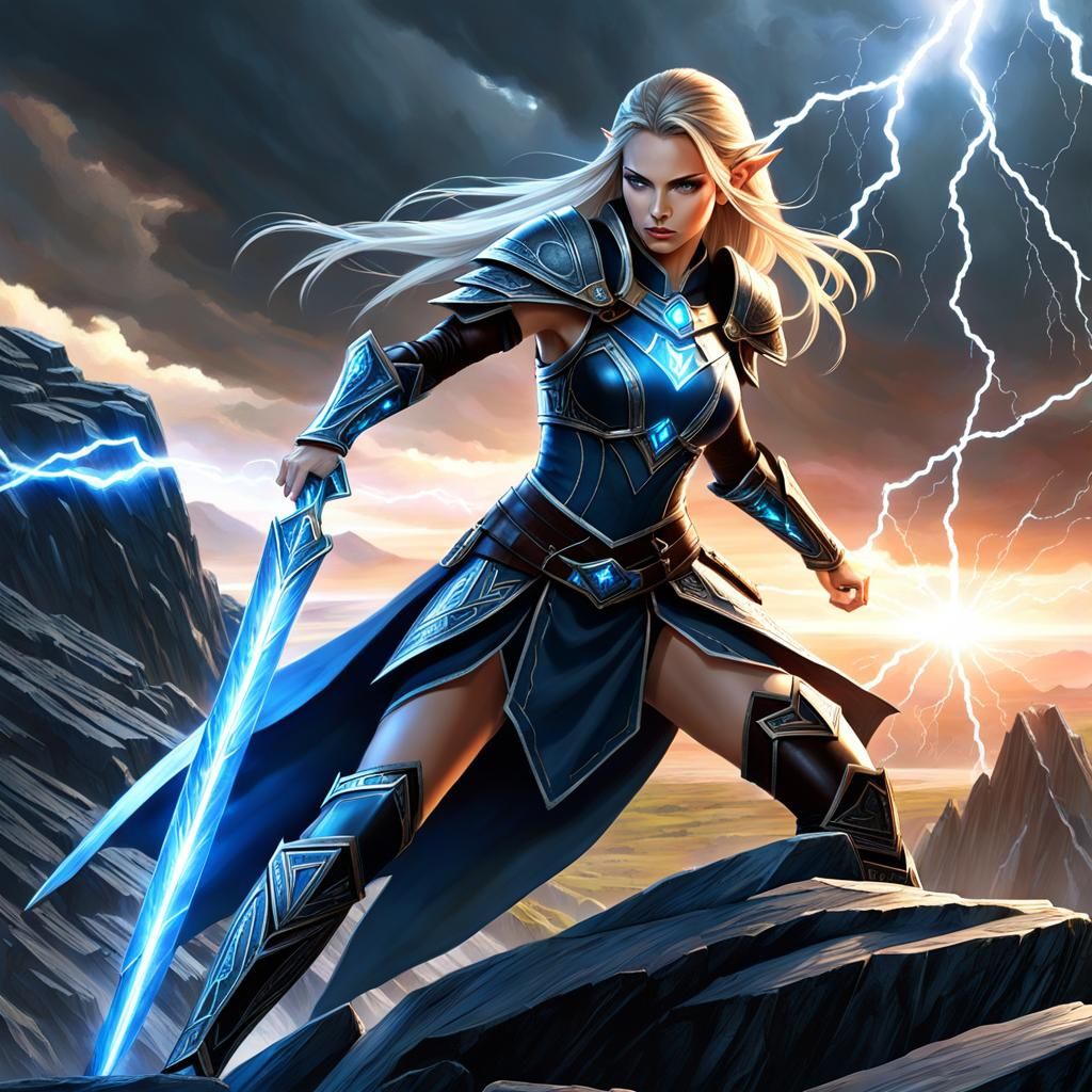 Epic Elf Warrior Wields Runic Lightning Sword