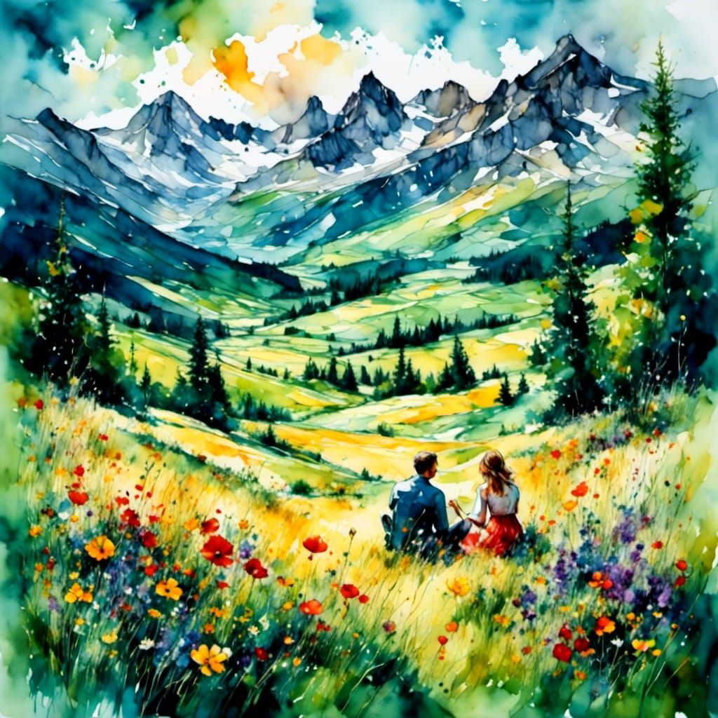 Swiss Meadow Watercolor Painting with Couple
