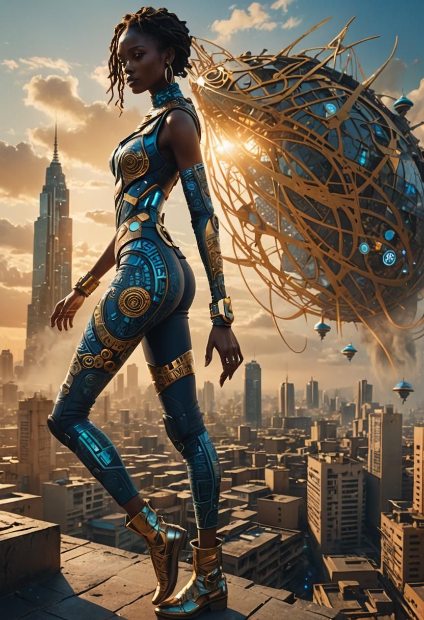 Futuristic Nairobi Rooftop Walker: Fantasy Concept Art