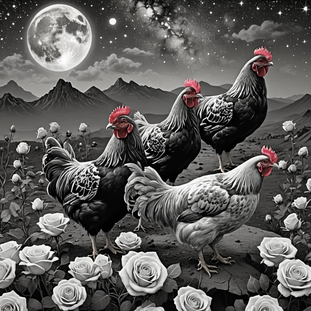 Wyandotte Chickens on Alien Planet with Chrome Mountains