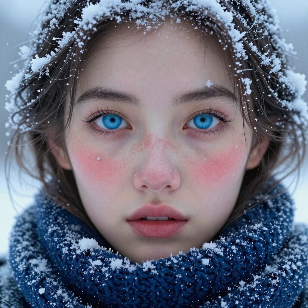 Young Woman with Blue Eyes in Snowy Winter Portrait