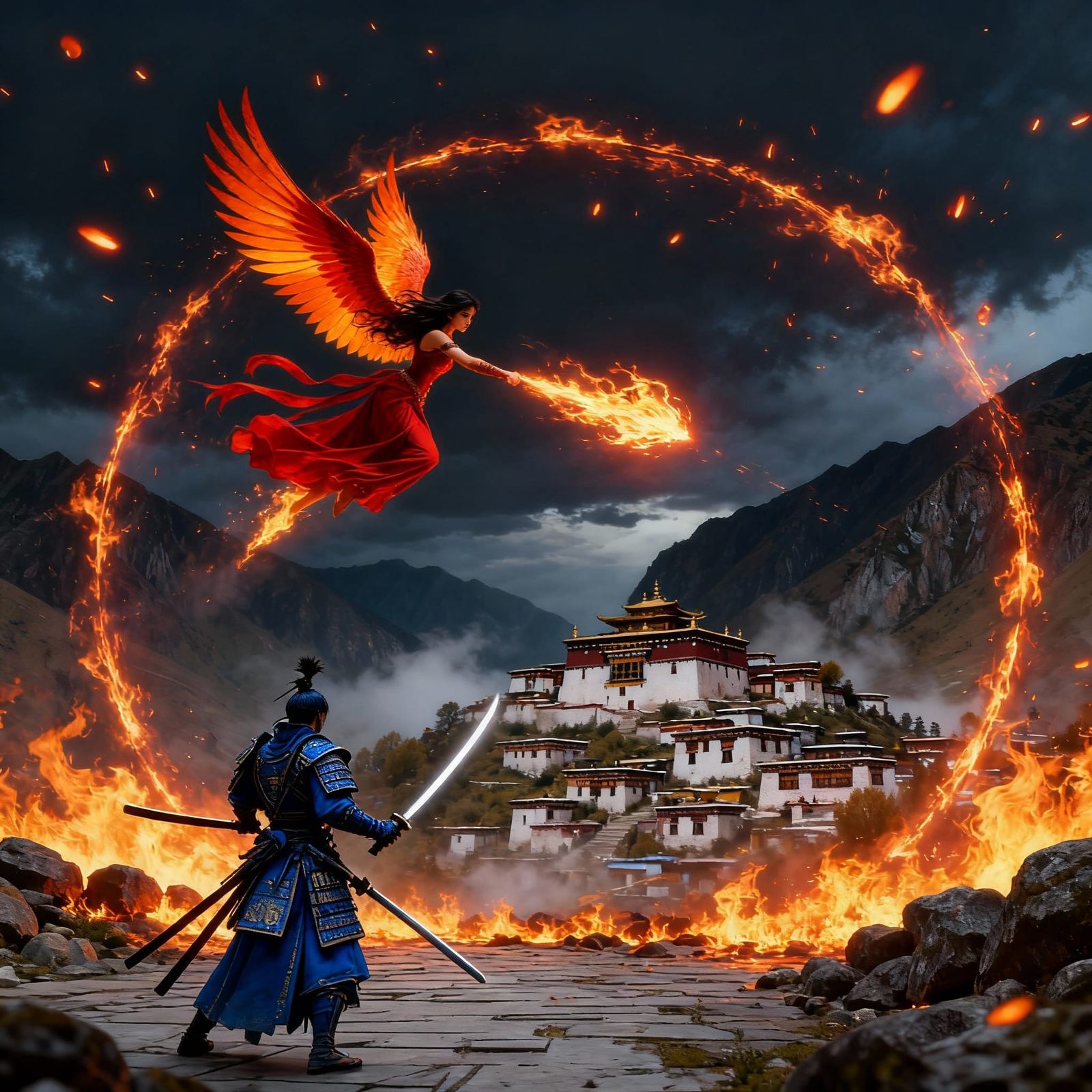 Samurai Battles Fiery Phoenix Girl in Tibetan Village