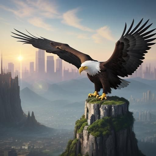 Majestic Eagle Soaring Through Atmospheric Cityscape