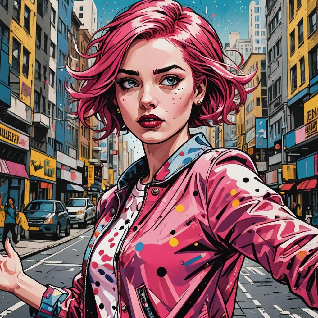 Empowered Girl in Cityscape: A Pop Art Portrait