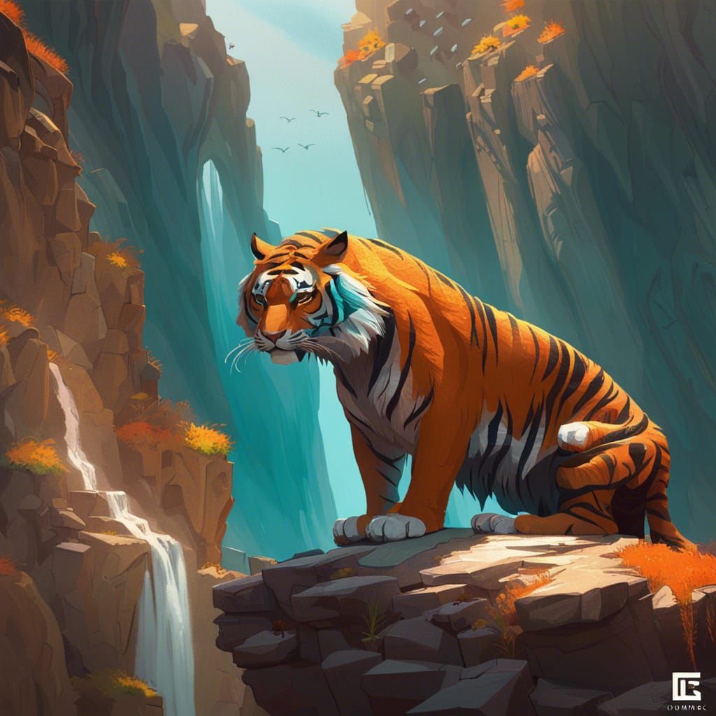 Majestic Tiger on Cliffside, Hyperdetailed Concept Art