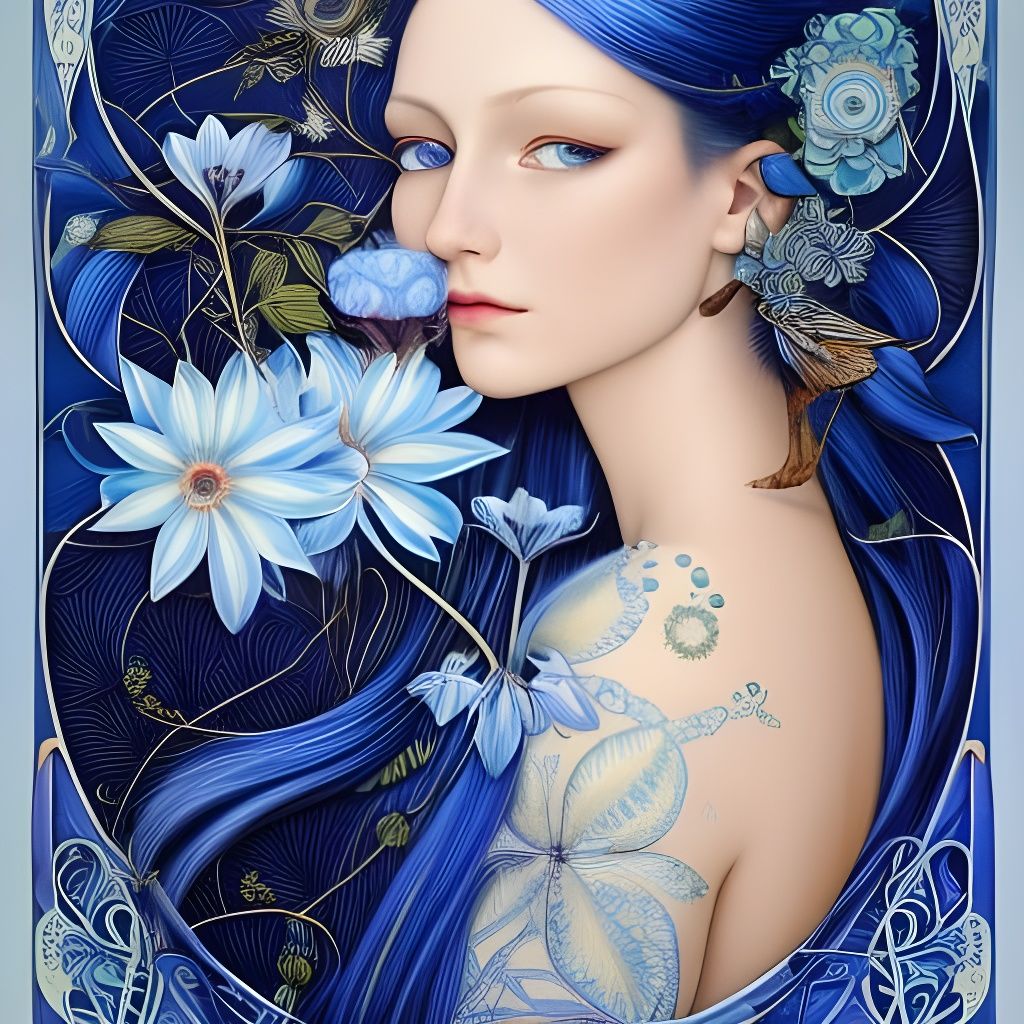 Blue-Haired Girl with Flowers: A Matte Digital Painting