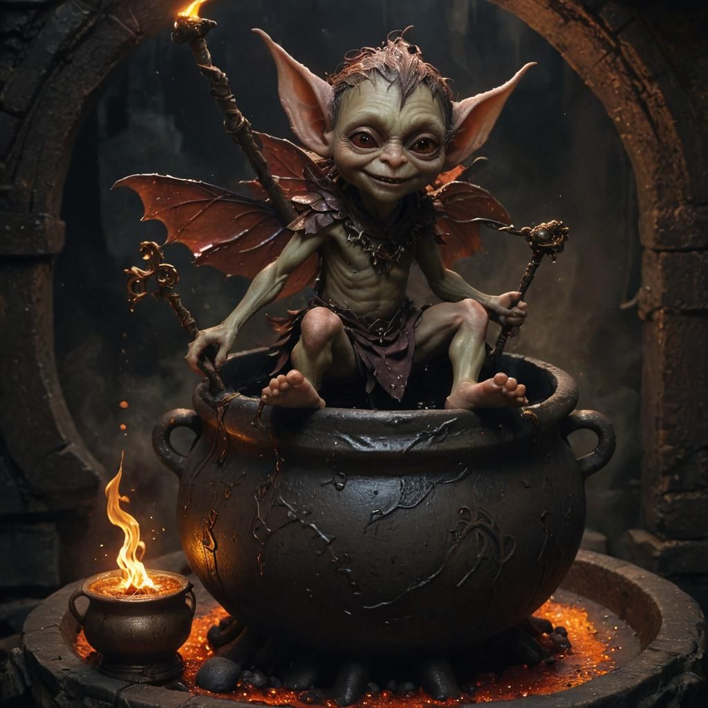 Goblin Fairy on Cauldron in Dark Fantasy Style