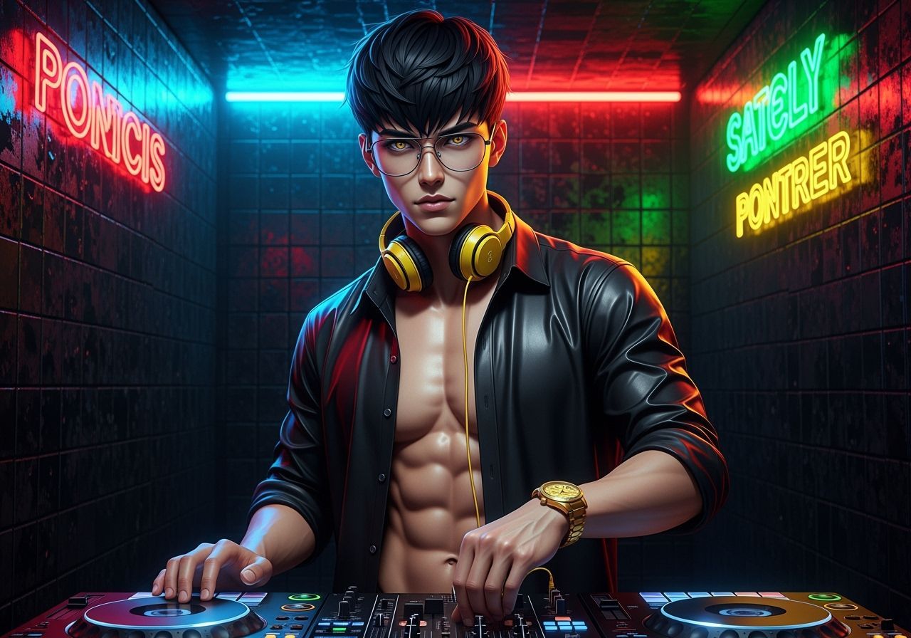 Confident Young DJ in Hyperrealistic Anime Style