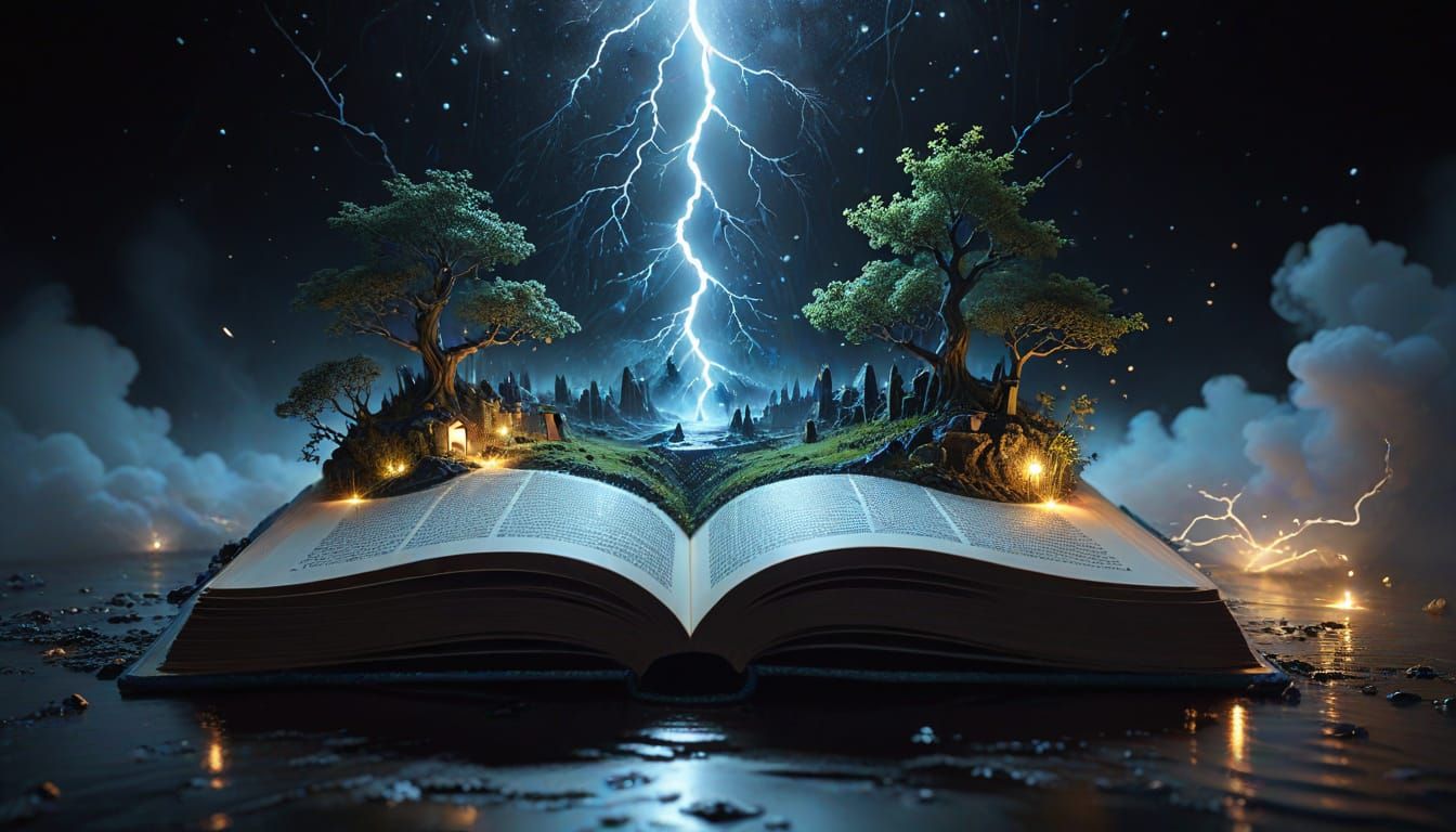 Miniature Fantasy World Carved into Open Book Illuminated by...