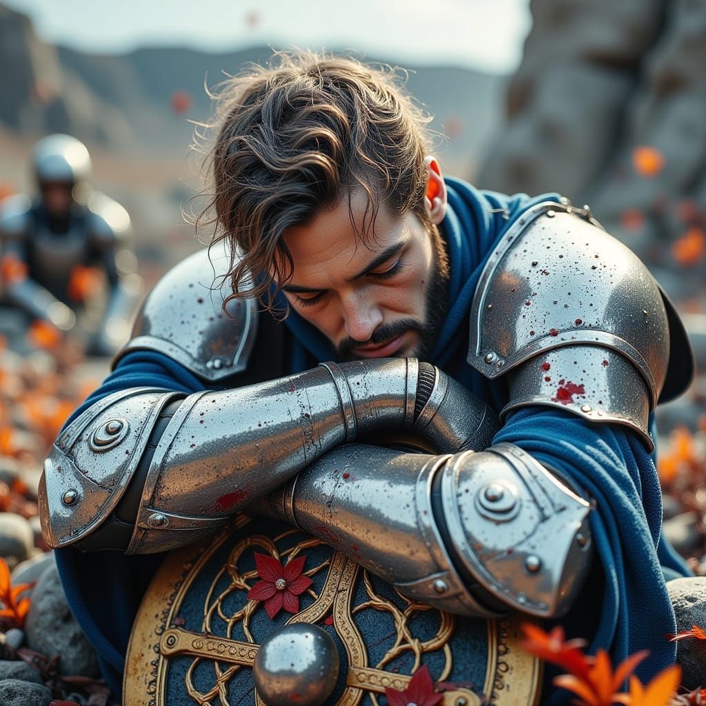 Defeated Knight Kneels on Battlefield with Giant Shield