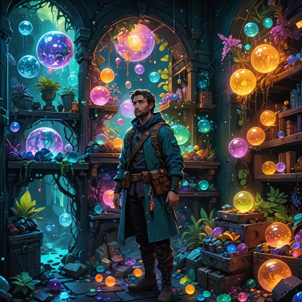 Adventurer's Treasure Trove in Neon Ink Splatter Art