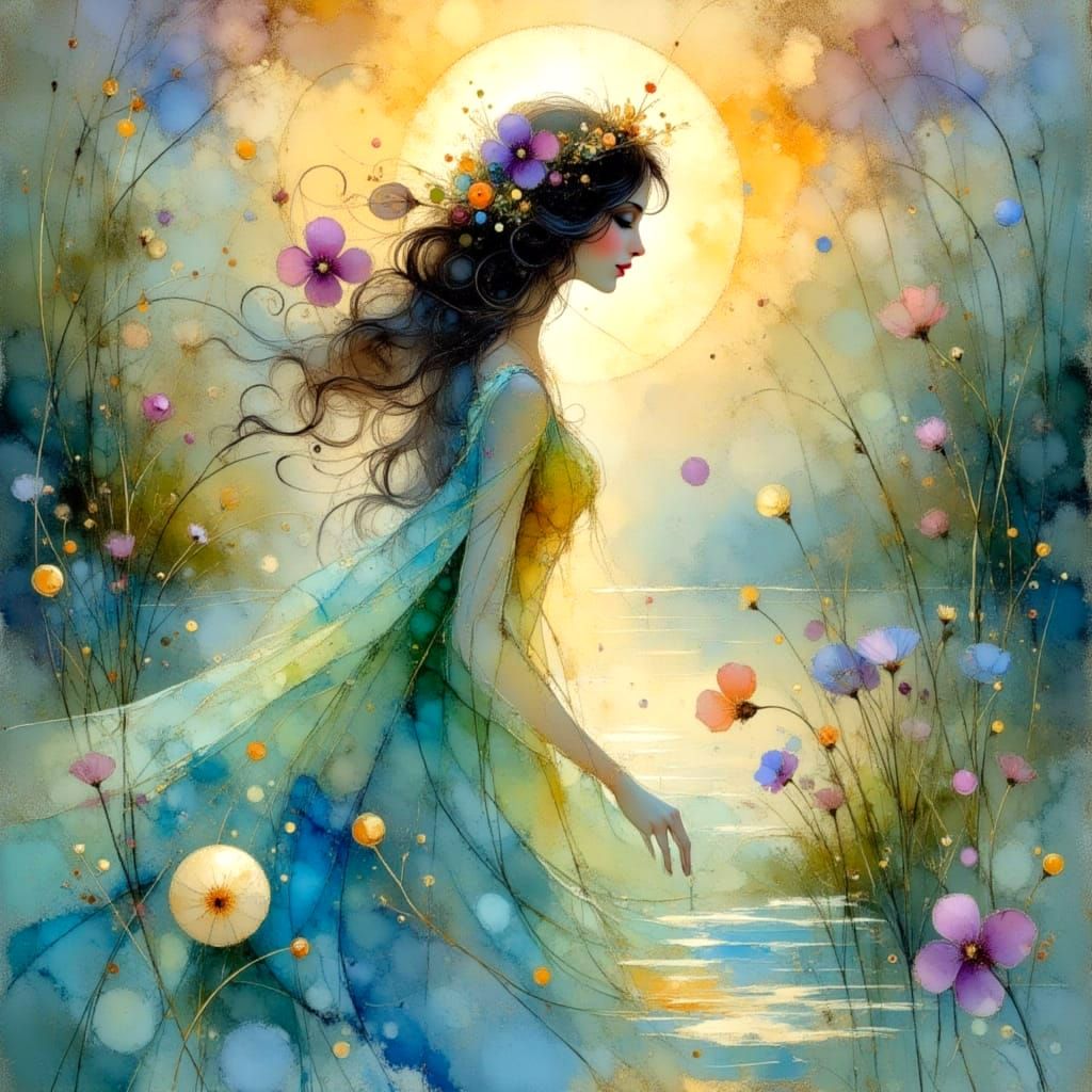 Ethereal Lady in a Whimsical Art Nouveau Scene with Iridesce...