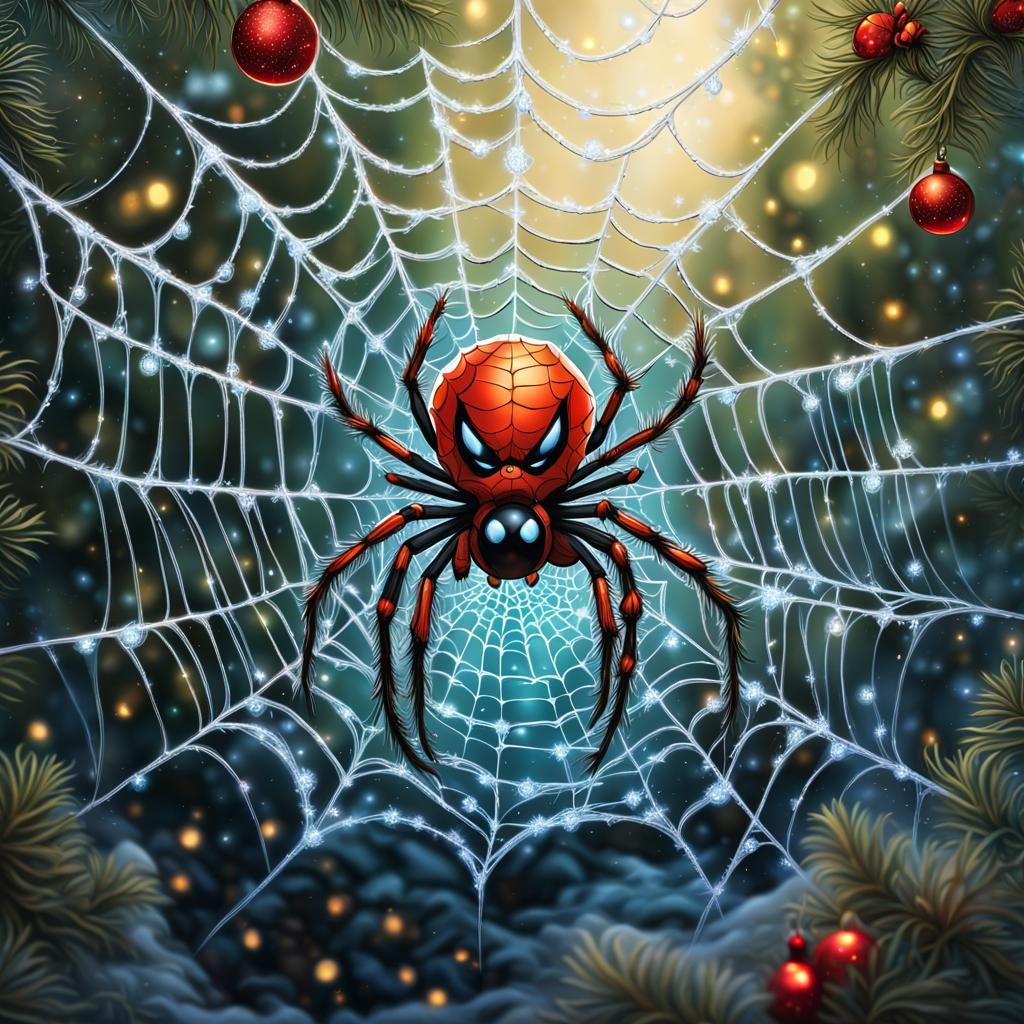 Christmas Spider in Decorated Web with Santa Hat