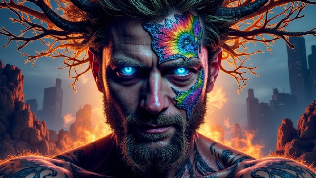 Man with Laser Eyes and Tribal Tattoos