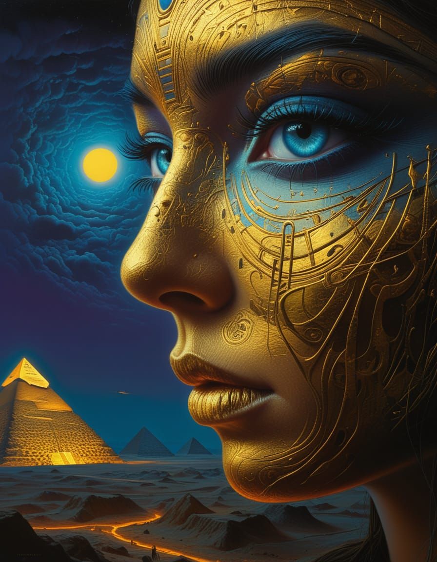 Woman's Face with Erupting Pyramids as Surreal Growths