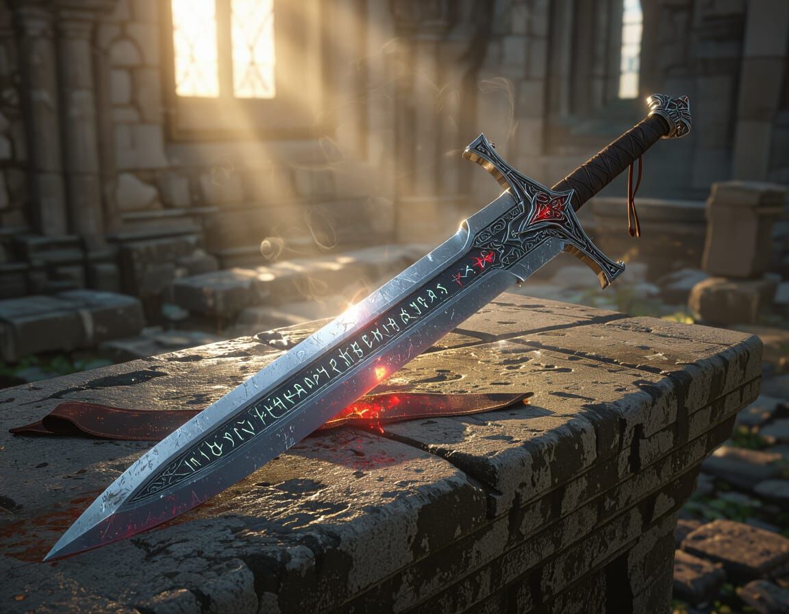 Scarlet Bane Sword on Altar, Ethereal Dawn Light