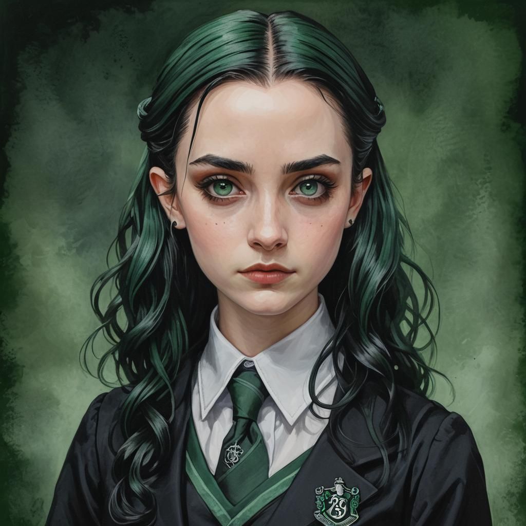 Goth Girl Slytherin Portrait in Hogwarts Colors