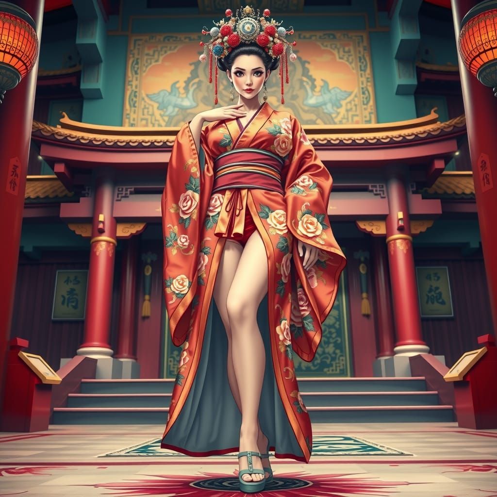 Japanese High Priestess in Opulent Shrine, Anime Key Visual