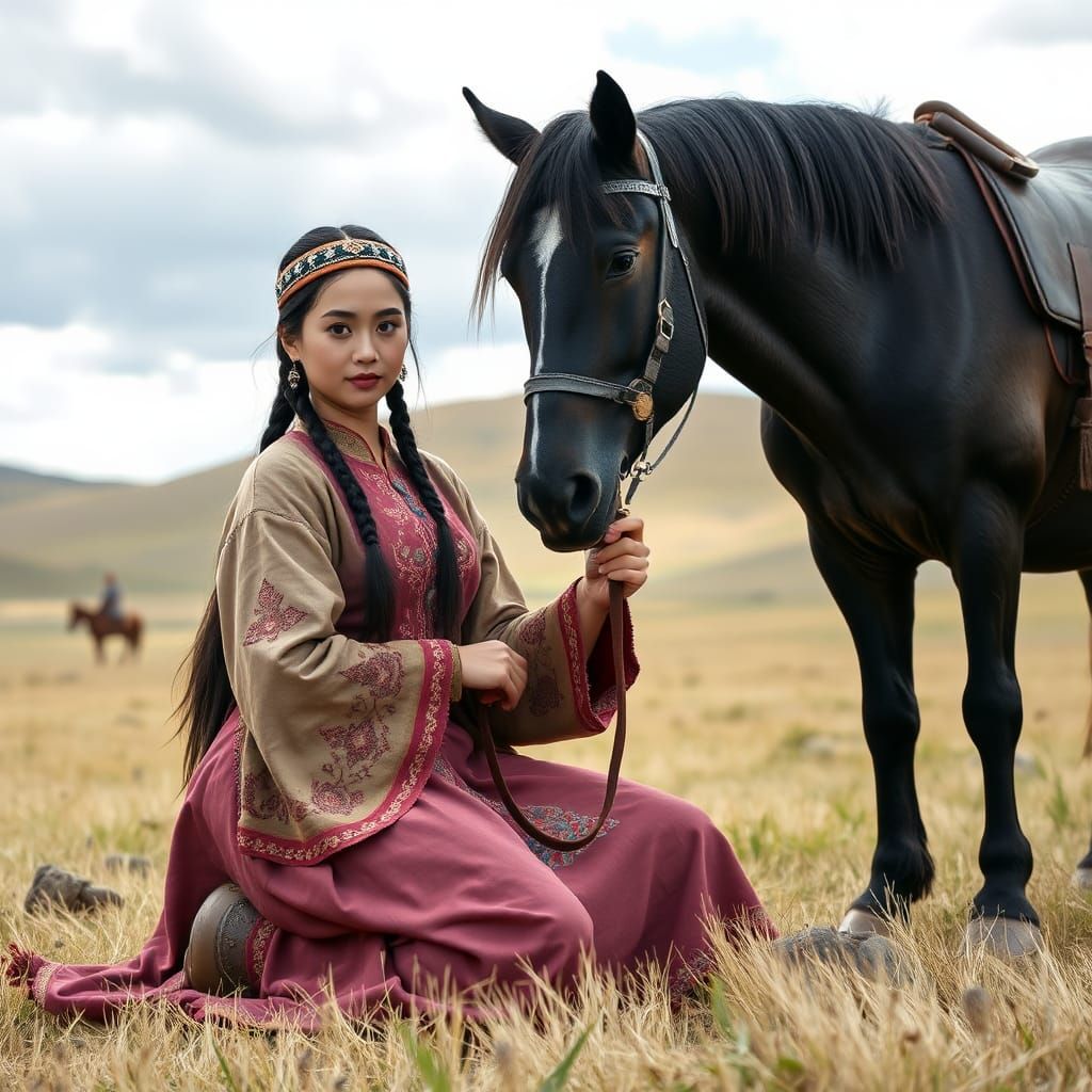 Mongolian Woman with Horse on Grassy Steppe
