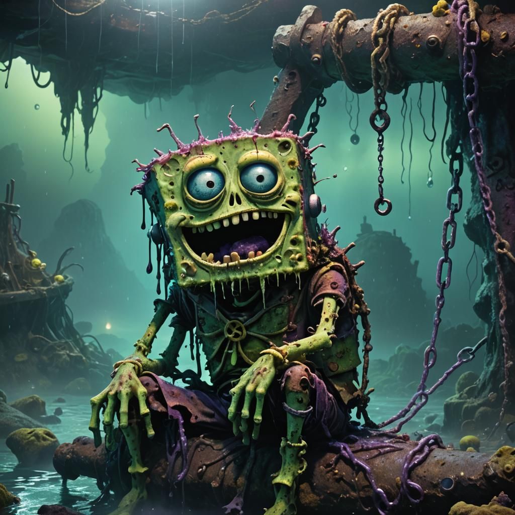 Zombie Spongebob Horror Art in Underwater Cave