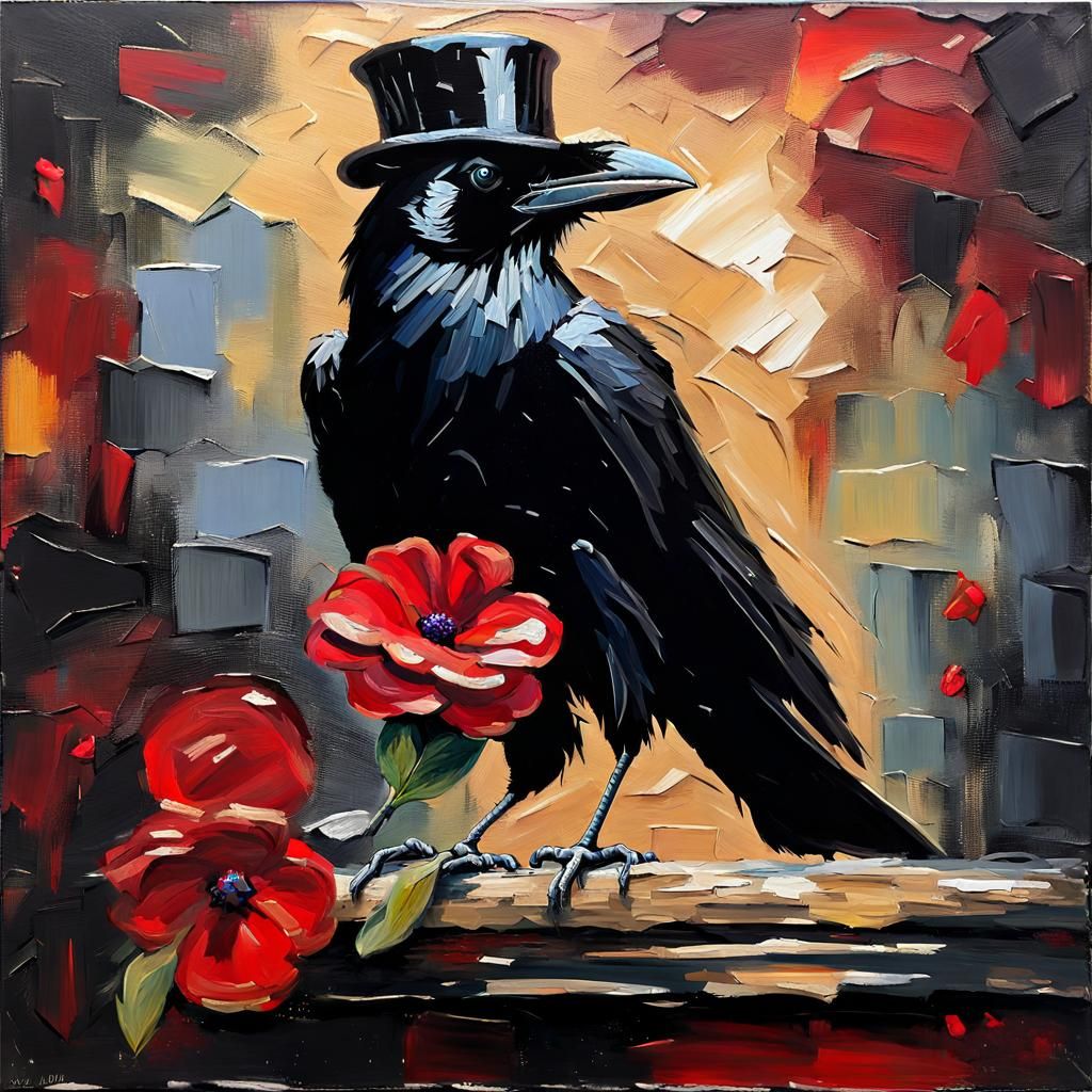 Raven on Top Hat: Impasto Oil Painting