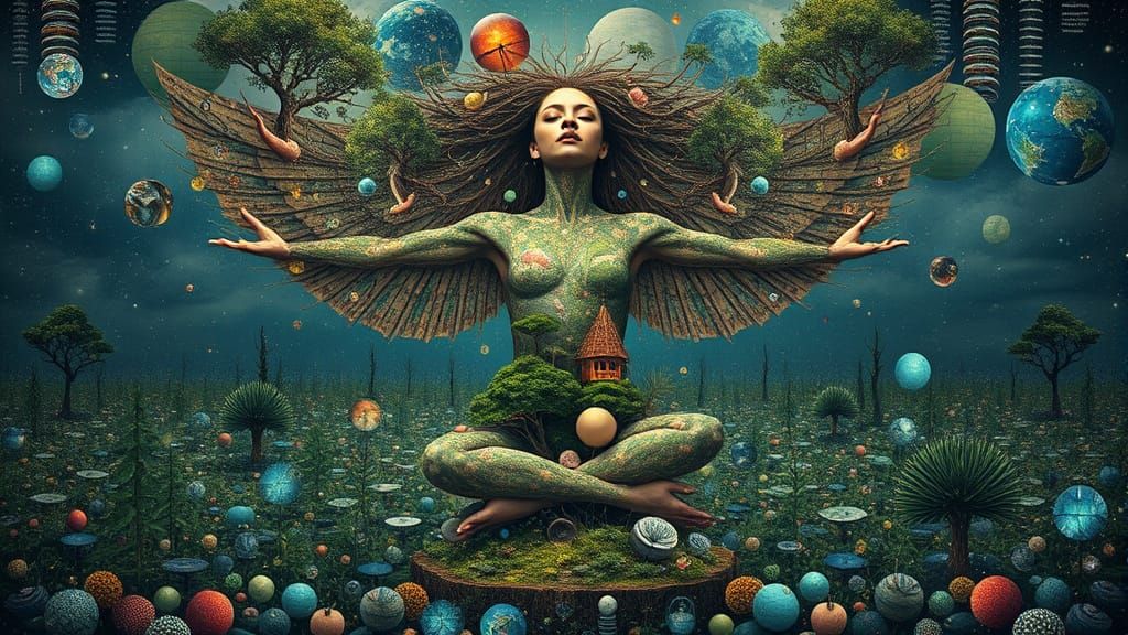 Surrealist Bio-Art Woman in Ecosystem Landscape with Glowing...